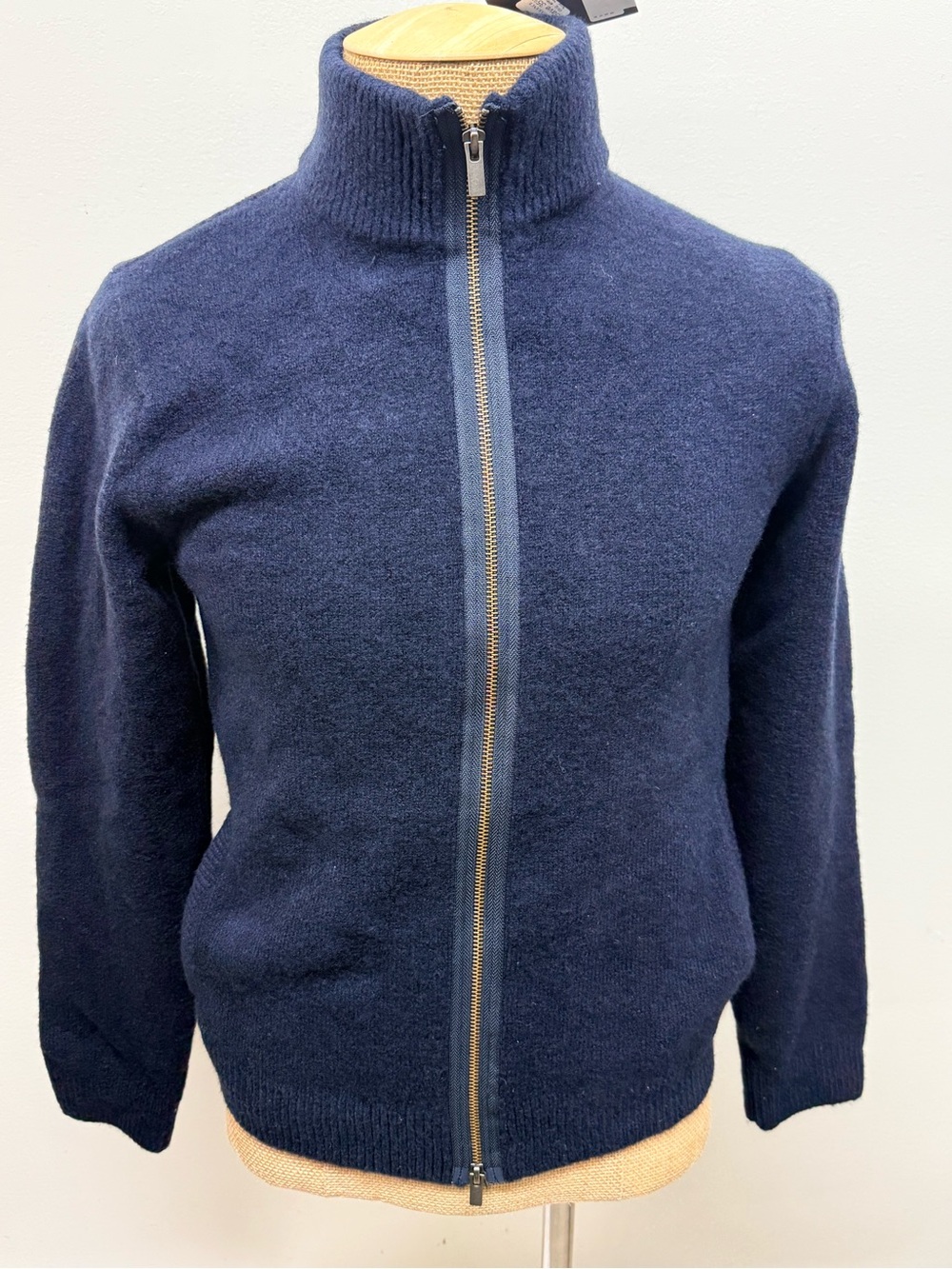 ATM Anthony Thomas Melillo Navy Full-Zip Mock Neck Sweater with Brass Zipper